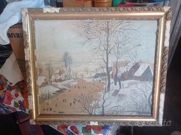 quadro paesaggio invernale su tela cornice antica