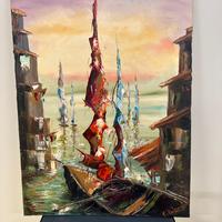 Olio su tela barca a vela in porto C. Diana