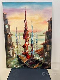 Olio su tela barca a vela in porto C. Diana