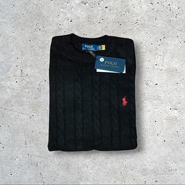 Ralph Lauren Maglione a Trecce Nero Cavallo Rosso 