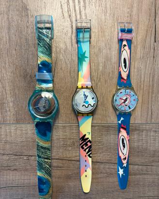 Lotto di 3 orologi Swatch originali da collezione.