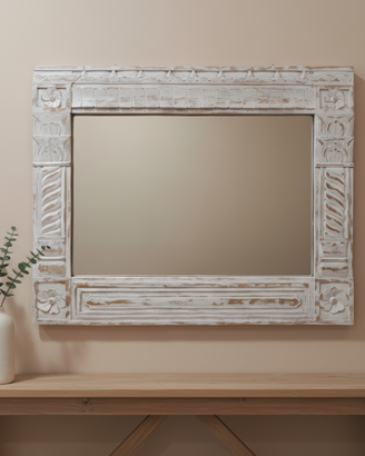 SPECCHIO LEGNO RUSTICO SBIANCATO INTAGLIATO A MANO