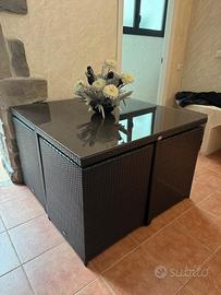 Tavolo rattan giardino con 4 poltrone e vetro