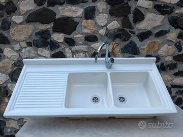 Lavello ceramica di 2 vasche+gocciolatoi+rubinet