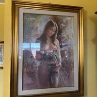 Dipinto  Di C. Parisi ragazza con un mazzo di rose