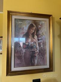 Dipinto  Di C. Parisi ragazza con un mazzo di rose