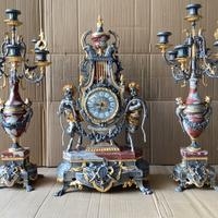 TRITTICO OROLOGIO E CANDELABRI ARGENTO ORO 