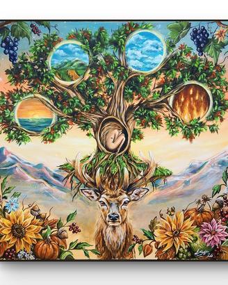 Dipinto originale, quadro albero della vita cervo