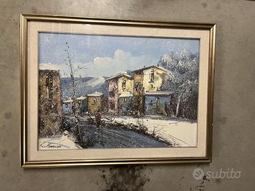 Olio su tela G. Monsuzzo 1997 paesaggio nevoso con