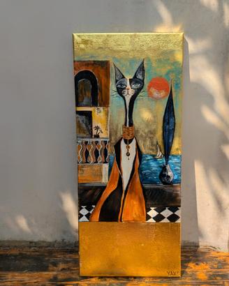 Dipinto acrilico su fondo in foglia d'oro - Gatto