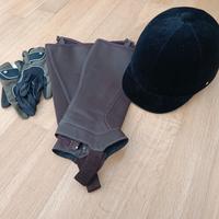 set equitazione caschetto guanti ghette 
