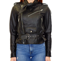 Giacca Donna Vera Pelle Nero Giubbino Moto Cintura