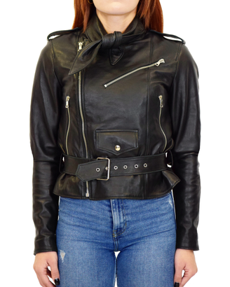 Giacca Donna Vera Pelle Nero Giubbino Moto Cintura