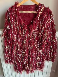 Cardigan donna bordeaux con frange colorate