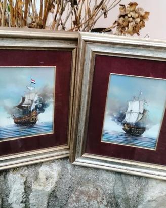 2 vecchi quadri dipinti ad olio velieri storici