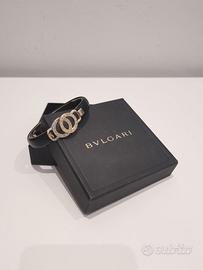 Bracciale Bvlgari in pelle nera e metallo dorato