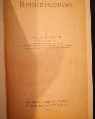 First Edition: "Reminiscences" by Rev. A.H. Sayce