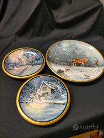 SET TRE PIATTI IN LEGNO DECORATI A MANO BLU E ORO