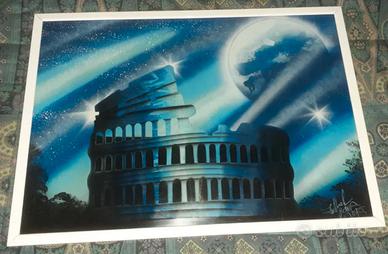 QUADRO StreetArt spray Artista ROMA COLOSSEO NOTTE