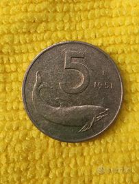 Moneta rara 5 lire 1951 Repvbblica Italiana 