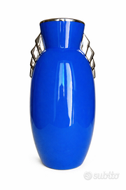 Vaso belga Art Déco blu cobalto con manici dorati