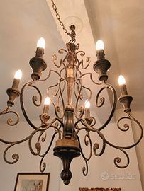  LAMPADARIO RETRÒ FERRO BATTUTO E LEGNO