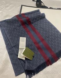 Sciarpa gucci verbiere uomo logo GG seta lana blu