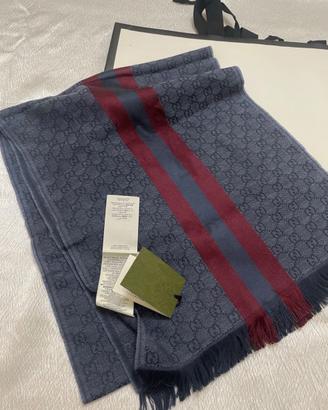 Sciarpa gucci verbiere uomo logo GG seta lana blu
