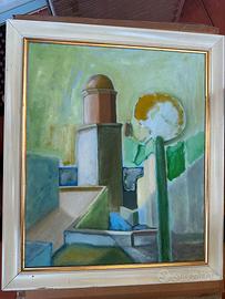 Quadro olio su tela. Paesaggio urbano particolare.