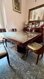 Tavolo déco anni ’30 + 6 sedie coordinate in noce