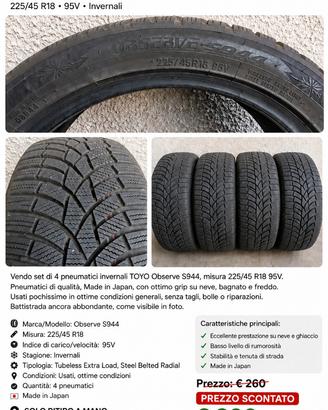 4 pneumatici invernali Toyo Tires 225/45 R18 95V O