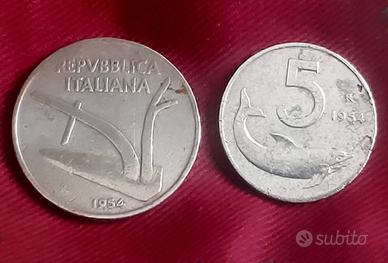 5 lire delfino e 10 lire del 1954.