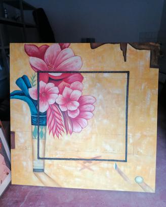 Grande quadro in tela floreale su sfondo chiaro 