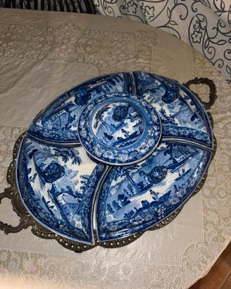 Antica Antipastiera inglese ceramica blu +Vassoio