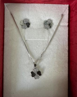 Parure collana e orecchini quadrifoglio argento