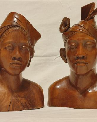 Coppia busti In Legno Teak Tribale Bali-Indonesia