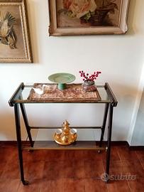 Mobile vintage a 2 ripiani in vetro con rotelle