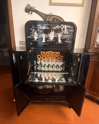 Set Cinese d'epoca Lacca Nera Intarsi Madreperla