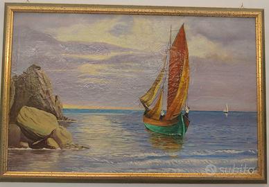 Quadro olio su tela barca con marinai  95 x 65 cm