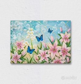 Quadro dipinto a mano con fiori e farfalle 