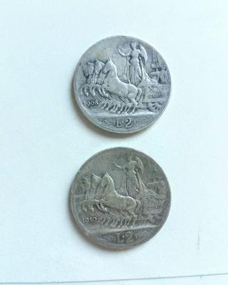 Regno Italia 2 lire 1908 1910 argento quadriga**