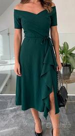 Abito elegante lungo verde scuro scollo barchetta