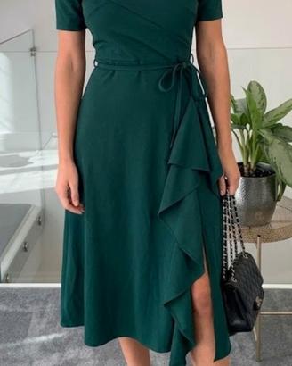 Abito elegante lungo verde scuro scollo barchetta