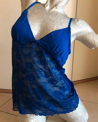 Top canotta Cotonella pizzo blu