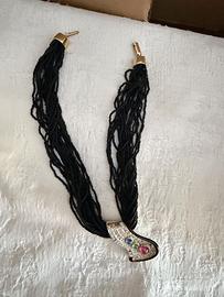 Collana multifilo nera vintage con strass e pietre