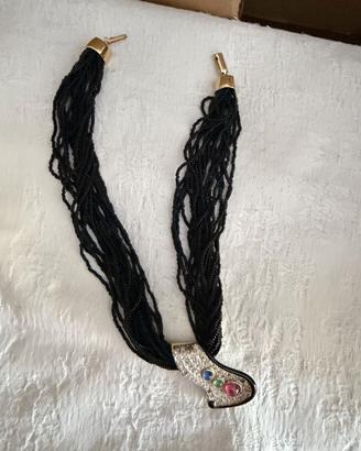Collana multifilo nera vintage con strass e pietre