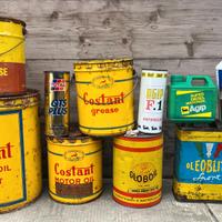 Lattine e bidoni di olio motore e grasso vintage