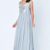 Vestito lungo grigio argento chiffon e paillettes