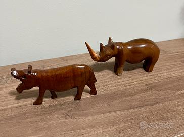 Soprammobili in legno ippopotamo e rinoceronte