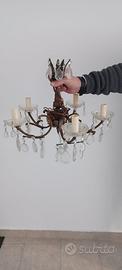 Lampadario ottone  con  gocce di cristallo